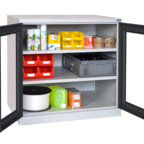 Armoire portes transparentes basse 2 étagères