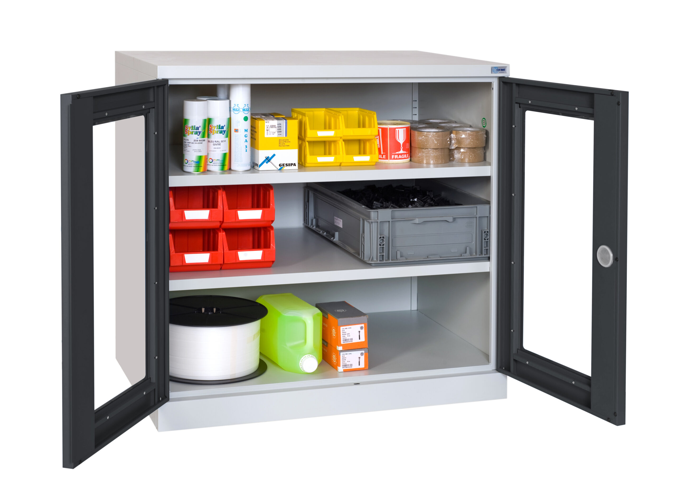 Armoire portes transparentes basse 2 étagères