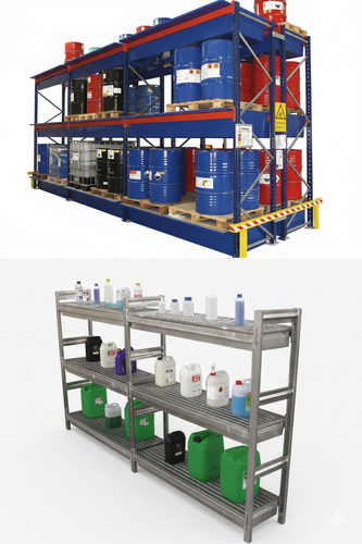 Rayonnage Acti-Flip avec bacs de rétention pour produits polluants