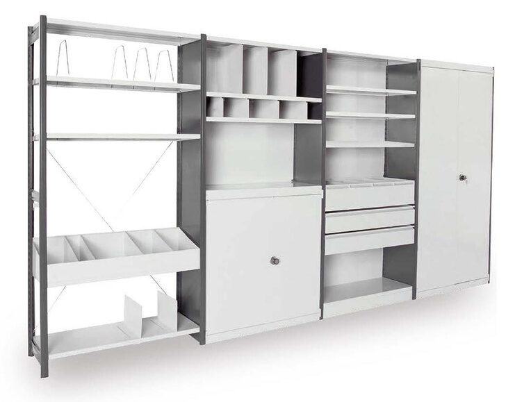 Vue d'ensemble des accessoires du rayonnage Acti-Lone peint