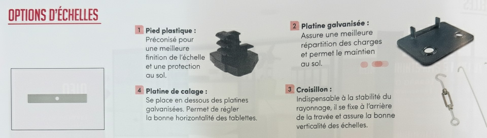 Piétements Acti-Lone peint : pied plastique, platine galvanisée, croisillon, platine de calage