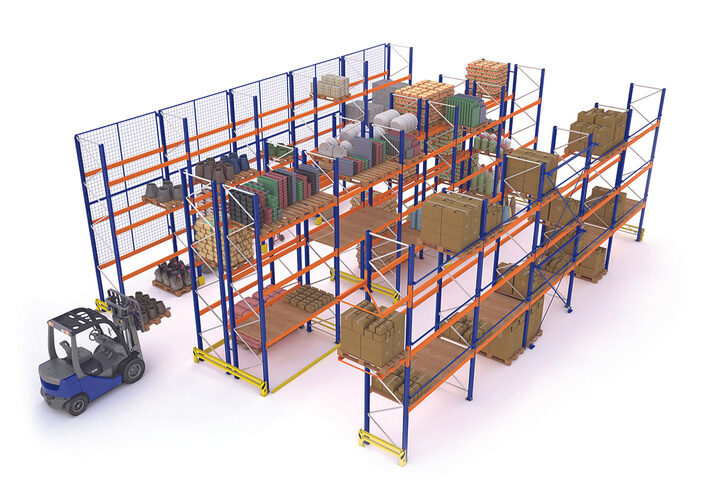 Vue 3D d'une installation complète de rayonnages Acti-Rack